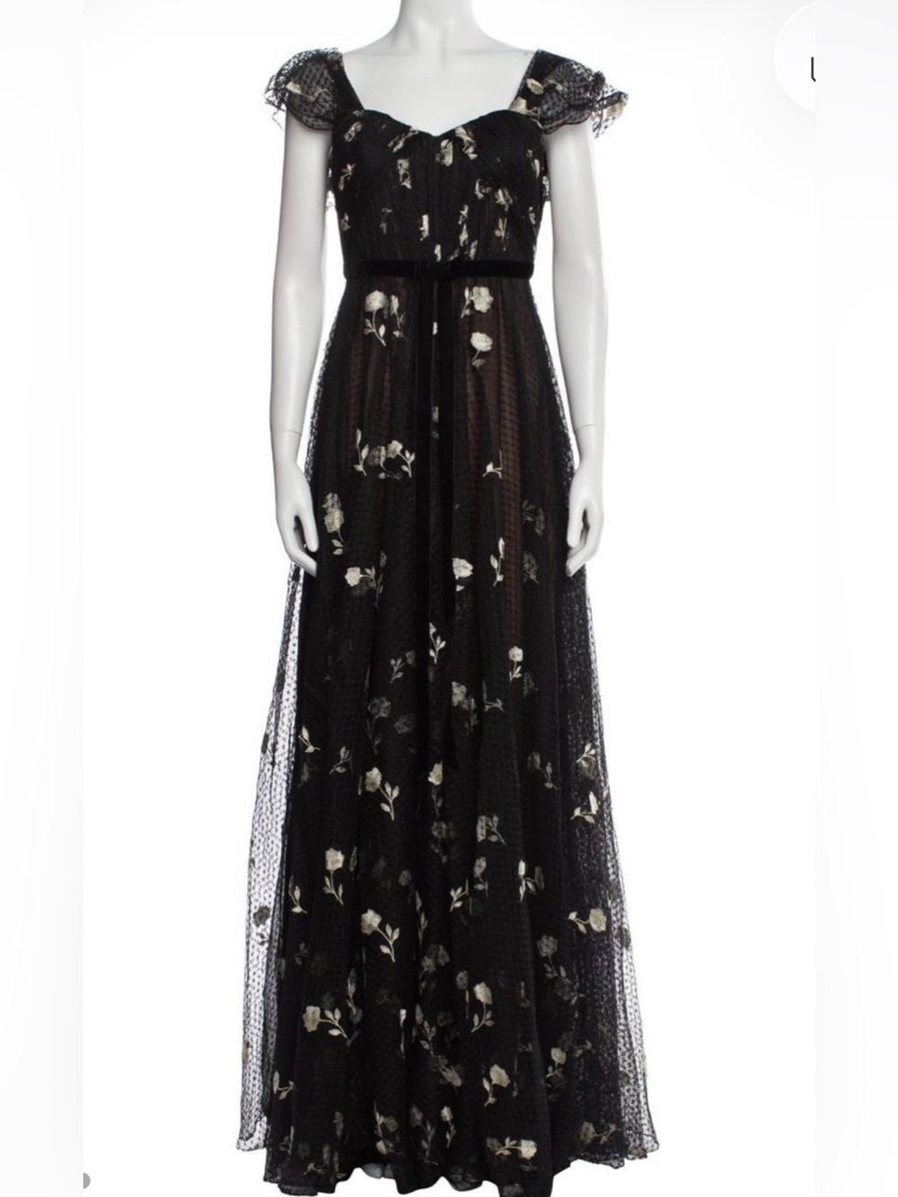 Black Floral Lace Maxi Dress with Delicate Cream Embroidery